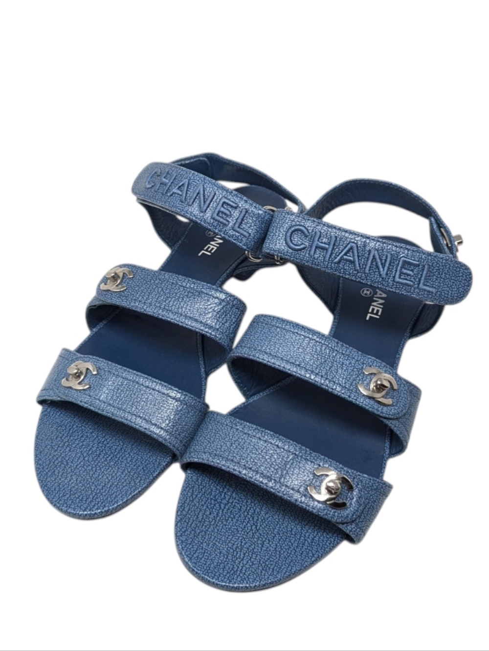 Chanel Blue Leather Coco Mark Turnlock Dad Sandals 22SS Size EU 39